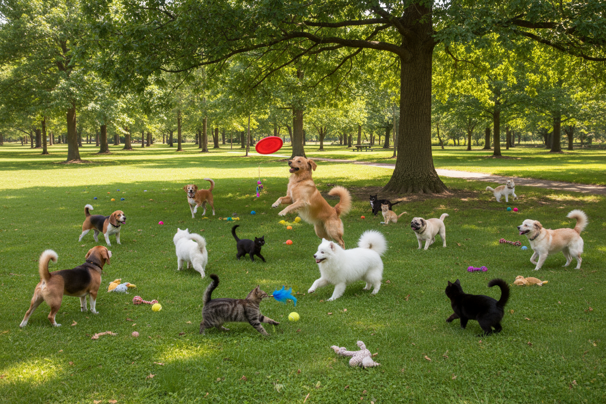 pets both cat and dogs playing in the park with trees and pet  toys 